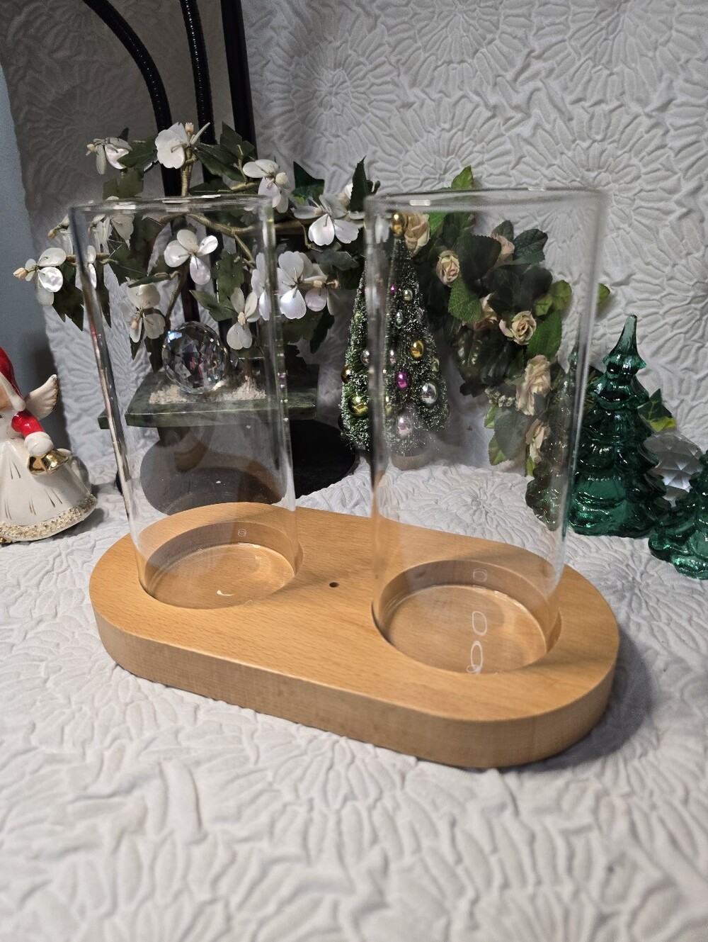Wooden Dual Glass Desk Organizer Caddy Vanity Or Desk Brush /Pen Holder NWOT
